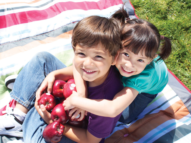 A young boy and girl on a blanket holding apples.